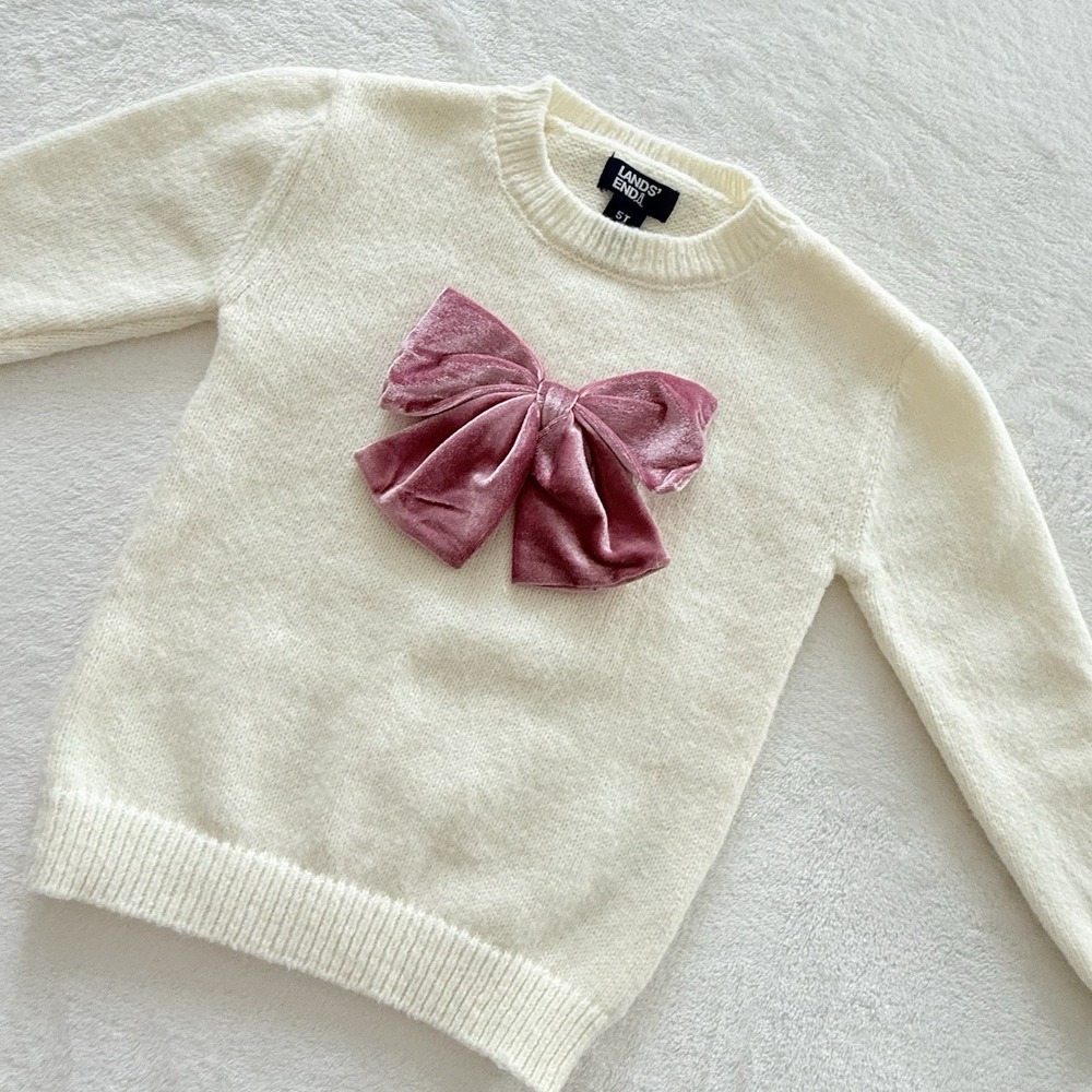 Lands' End Girls 5T Ivory Sweater Pink‎ Velvet Bow Long Sleeve Holiday Top